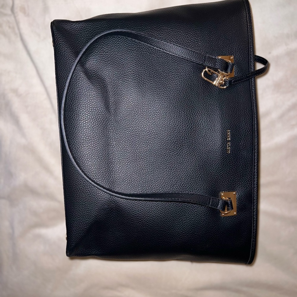 Black Pebbled Leather Tote Bag with Gold Hardware